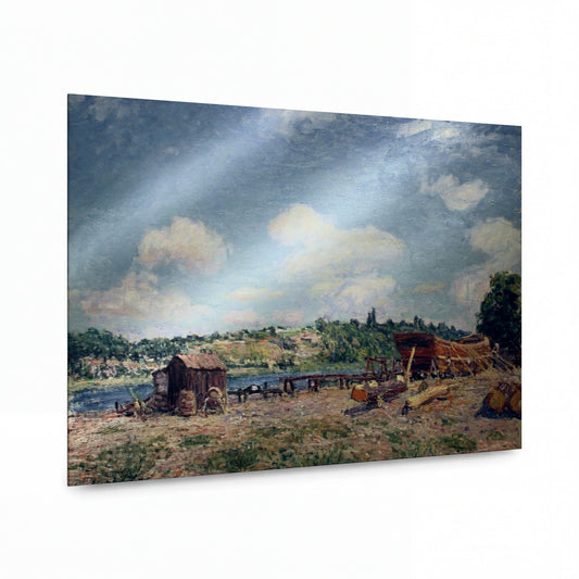 Obraz Alfred Sisley — Boatyard at Saint-Mammes — reprodukce na kovovém panelu s vysokým leskem — reprodukce na kovovém panelu s vysokým leskem