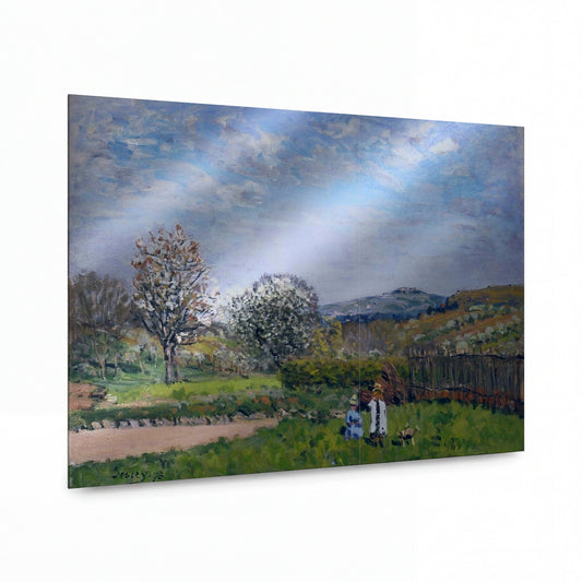 Obraz Alfred Sisley — Children Playing in the Fields — prémiová reprodukce na kovovém panelu — prémiová reprodukce na kovovém panelu