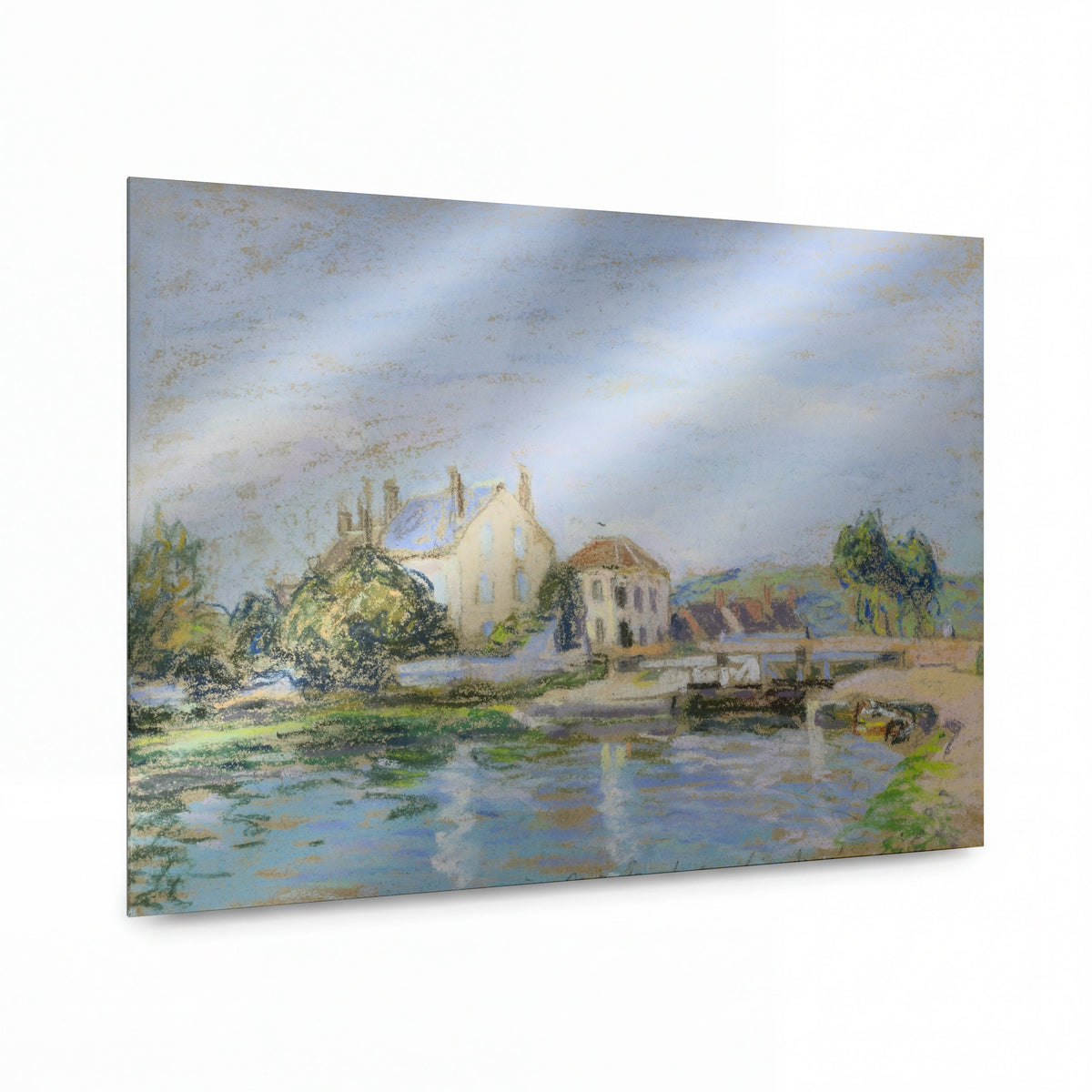 Obraz Alfred Sisley — Houses on the Bank of Ecluse at the Gazonne — lesklý kovový obraz