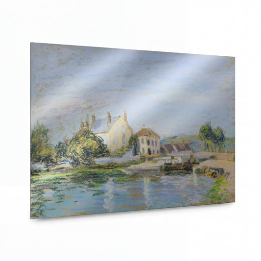Obraz Alfred Sisley — Houses on the Bank of Ecluse at the Gazonne — lesklý kovový obraz