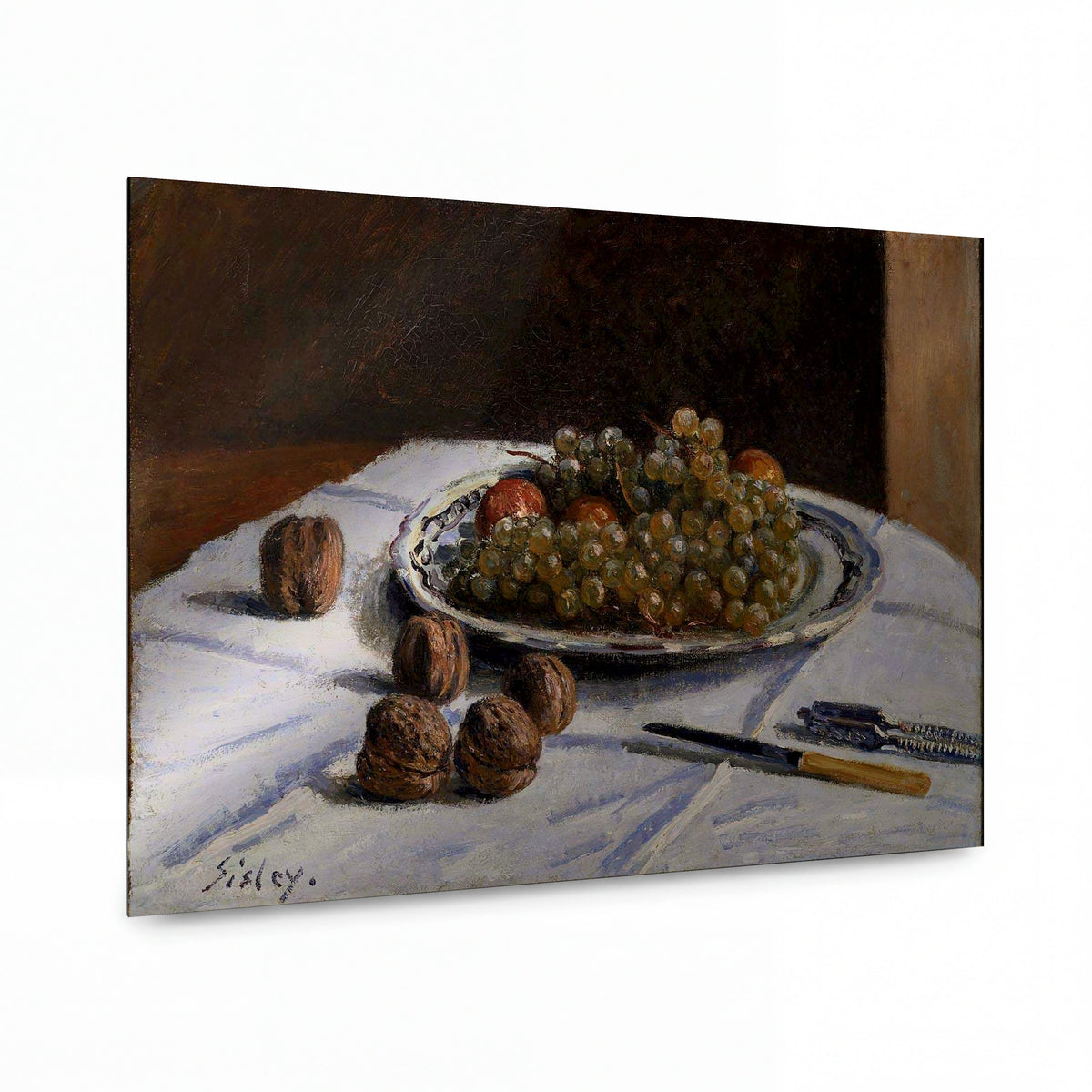 Obraz Alfred Sisley — Still Life - Grapes and Walnuts on a Table — umělecký kovový obraz s vysokým leskem — umělecký kovový obraz s vysokým leskem