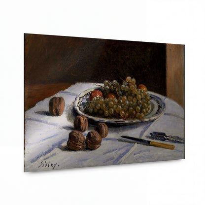 Obraz Alfred Sisley — Still Life - Grapes and Walnuts on a Table — umělecký kovový obraz s vysokým leskem — umělecký kovový obraz s vysokým leskem