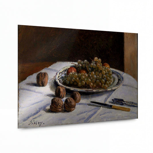 Obraz Alfred Sisley — Still Life - Grapes and Walnuts on a Table — umělecký kovový obraz s vysokým leskem — umělecký kovový obraz s vysokým leskem