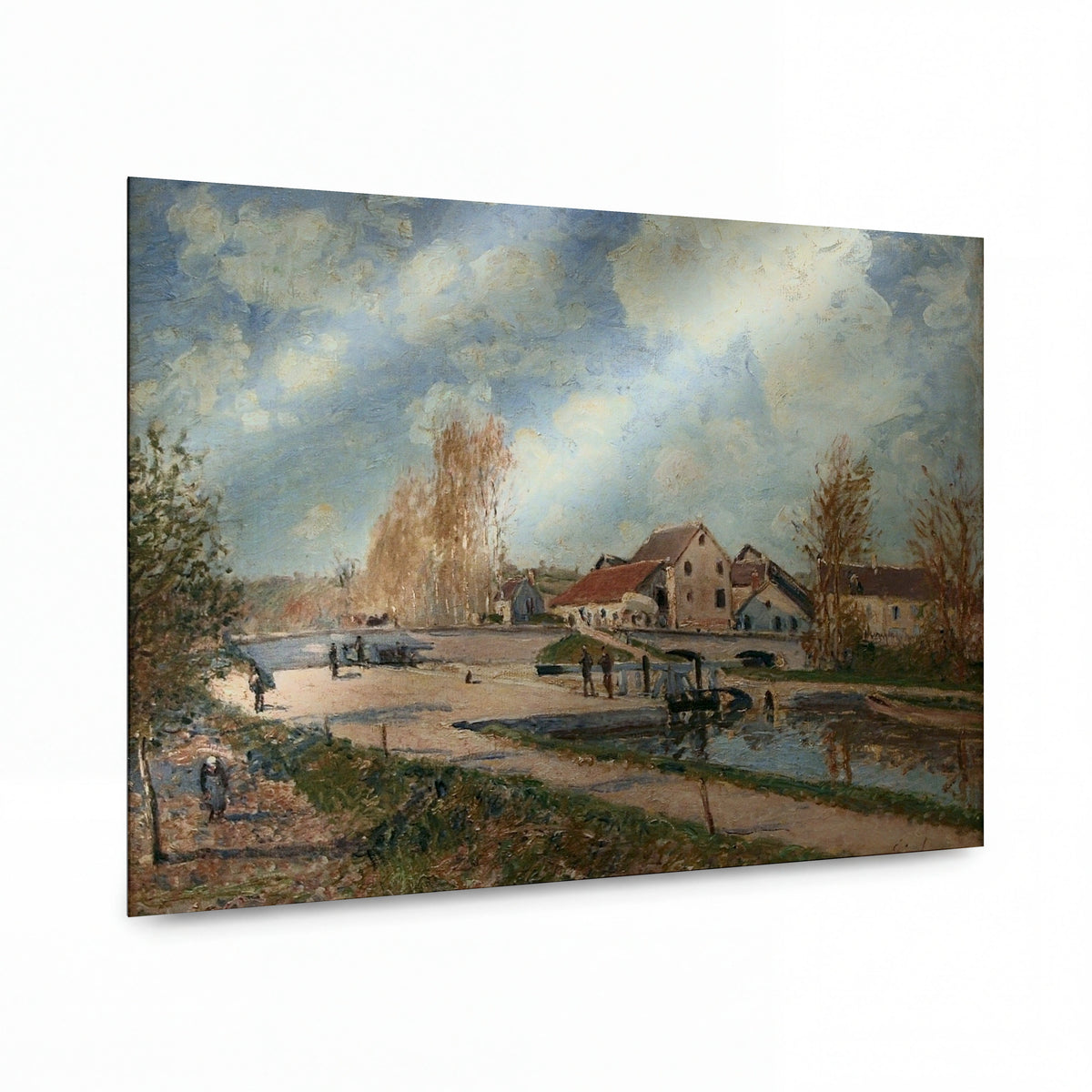 Obraz Alfred Sisley — Zdymadlo Bourgogne u Moretu — reprodukce na kovovém panelu s vysokým leskem — reprodukce na kovovém panelu s vysokým leskem