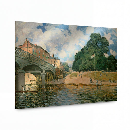 Obraz Alfred Sisley — The Bridge at Hampton Court — reprodukce na kovovém panelu s vysokým leskem
