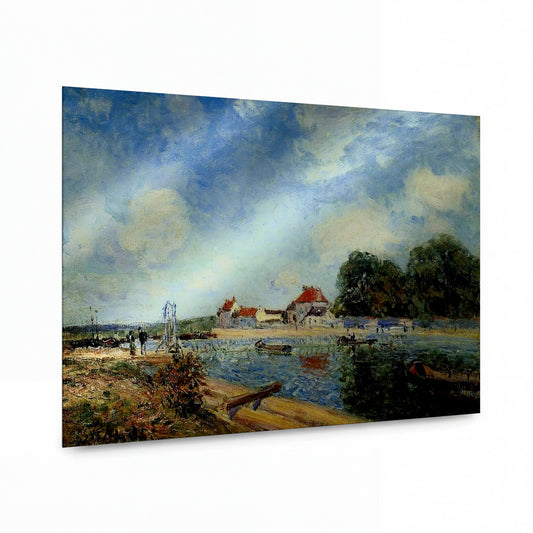 Obraz Alfred Sisley — The Dam, Loing at Saint-Mammes — lesklý kovový obraz — lesklý kovový obraz