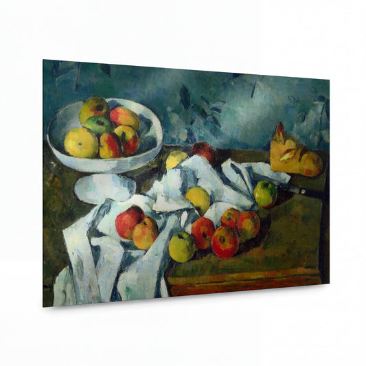 Obraz Paul Cézanne — Zátiší s miskou ovoce, jablky a chlebem — kovový obraz s vysokým leskem — kovový obraz s vysokým leskem