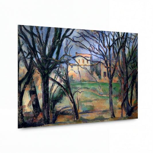 Obraz Paul Cézanne — Trees and Houses — reprodukce na kovovém panelu s vysokým leskem