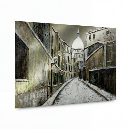 Obraz Maurice Utrillo — Saint-Rustique Street under Snow — luxusní reprodukce na kovu — luxusní reprodukce na kovu