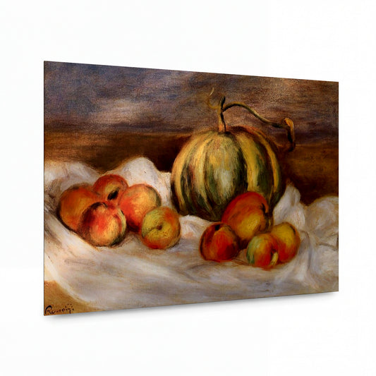 Obraz Pierre-Auguste Renoir — Zátiší s melounem a broskevemi — kovová reprodukce s vysokým leskem