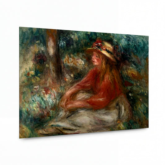 Obraz Pierre-Auguste Renoir — Young Girl Sitting on the Grass — lesklý obraz na hliníku
