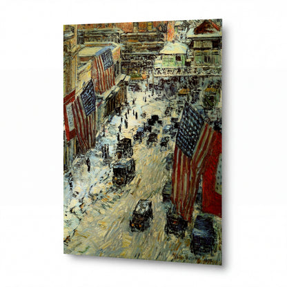 Obraz Frederick Childe Hassam — Flags on Fifty-Seventh Street, 1918 — reprodukce na kovovém panelu s vysokým leskem