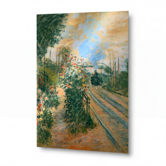 Obraz Claude Monet — Vlakové nádraží s kouřem a zahradou — prémiová reprodukce na kovovém panelu — prémiová reprodukce na kovovém panelu