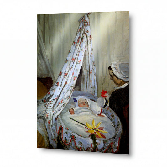 Obraz Claude Monet — Kolébka s dítětem pod květinovou záclonkou — lesklý kovový obraz