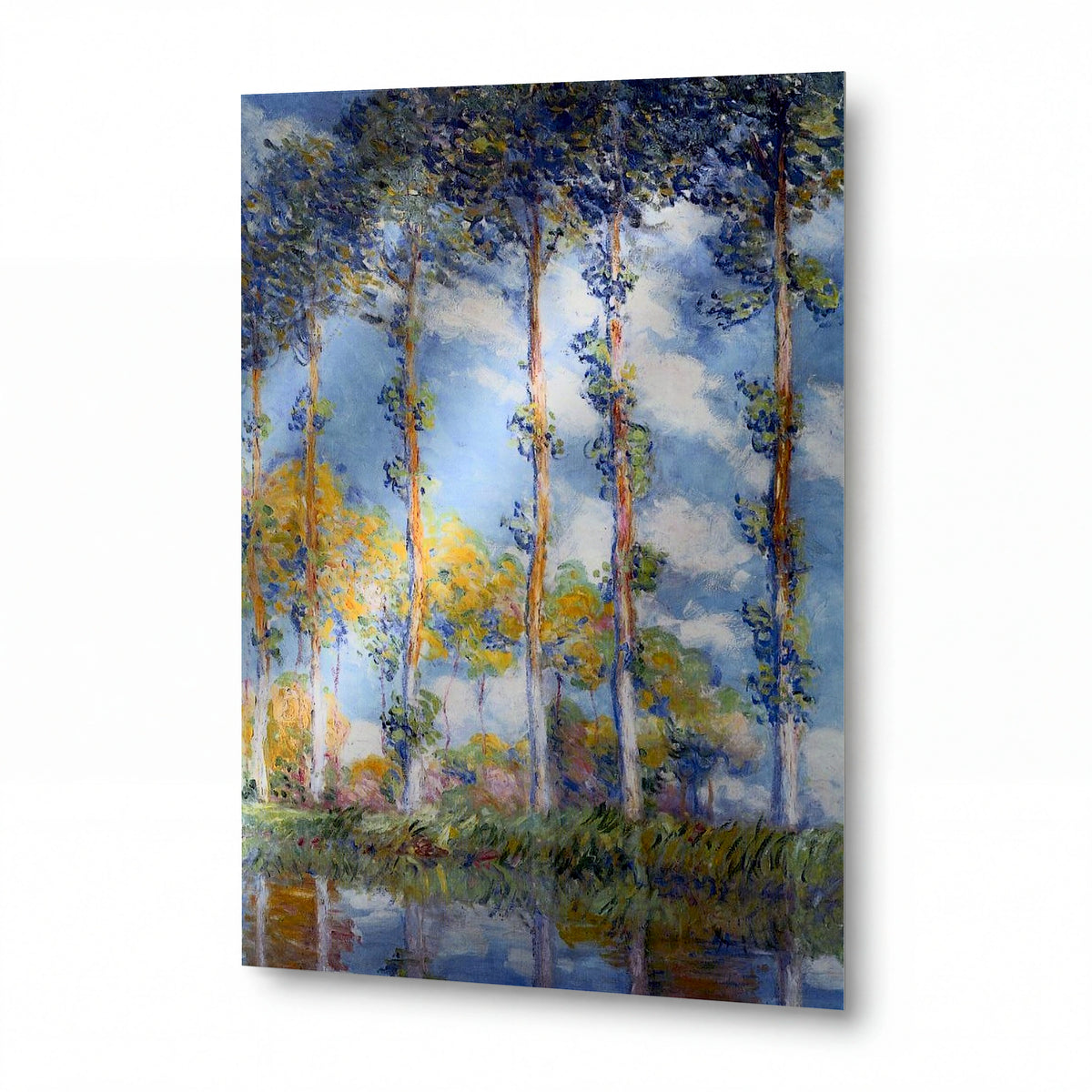 Obraz Claude Monet — Topoly u vody — reprodukce na kovovém panelu s vysokým leskem