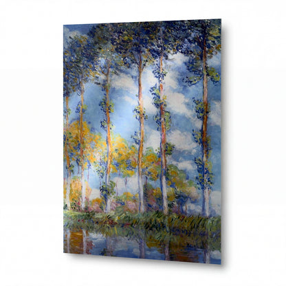 Obraz Claude Monet — Topoly u vody — reprodukce na kovovém panelu s vysokým leskem