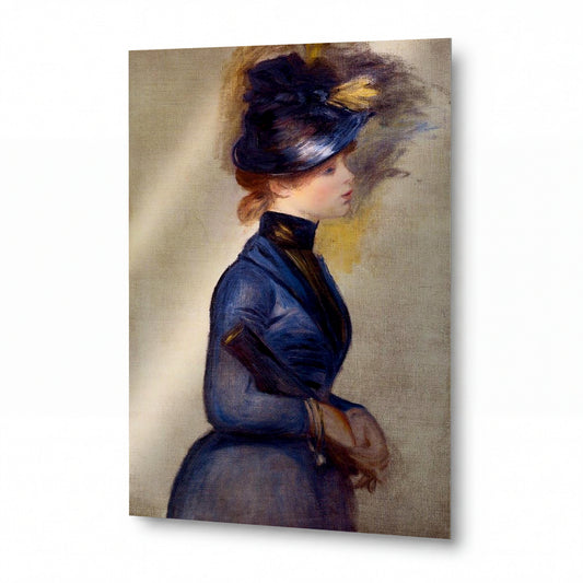 Obraz Pierre Auguste Renoir — Mladá žena v jasně modré u zimní zahrady — reprodukce na kovovém panelu s vysokým leskem — reprodukce na kovovém panelu s vysokým leskem