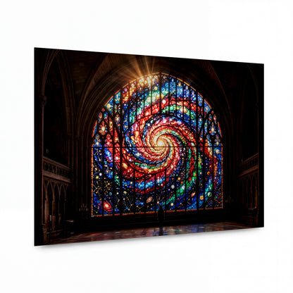 Obraz Spirální galaxie v gotickém okně — kovový obraz na hliníkovém panelu s vysokým leskem