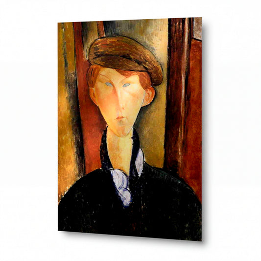 Obraz Amedeo Modigliani — Young Man with Cap — kovová reprodukce s vysokým leskem — kovová reprodukce s vysokým leskem
