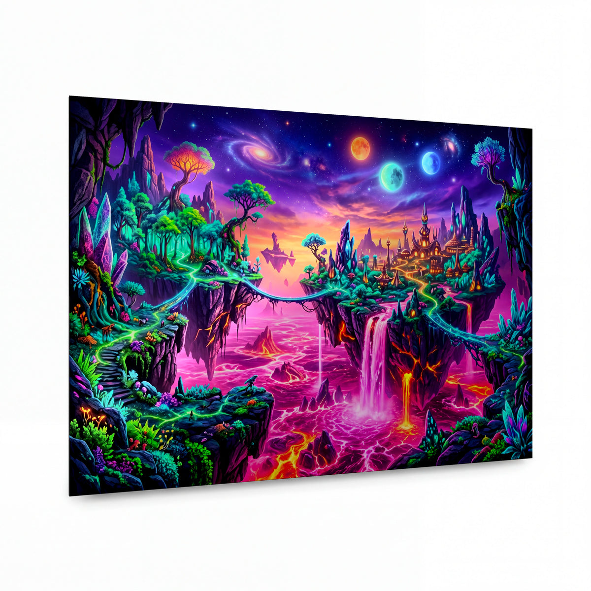 Obraz Vznášející se ostrovy snů nad zářící propastí — kovový obraz na hliníkovém panelu s vysokým leskem