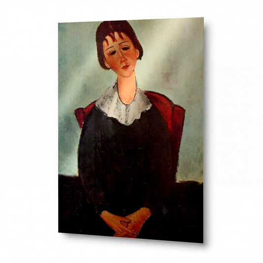 Obraz Amedeo Modigliani — Girl on a Chair (Mademoiselle Huguette) — kovový obraz na hliníkovém panelu — kovový obraz na hliníkovém panelu
