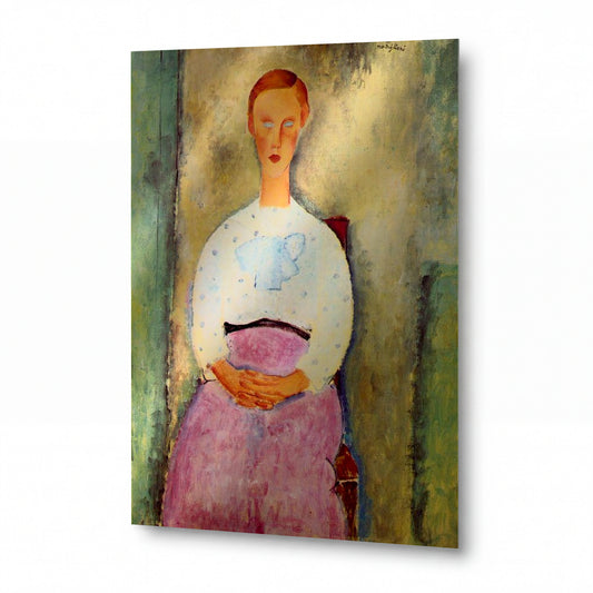 Obraz Amedeo Modigliani — Dívka s puntíkovanou blůzou — kovový obraz na hliníkovém panelu — kovový obraz na hliníkovém panelu