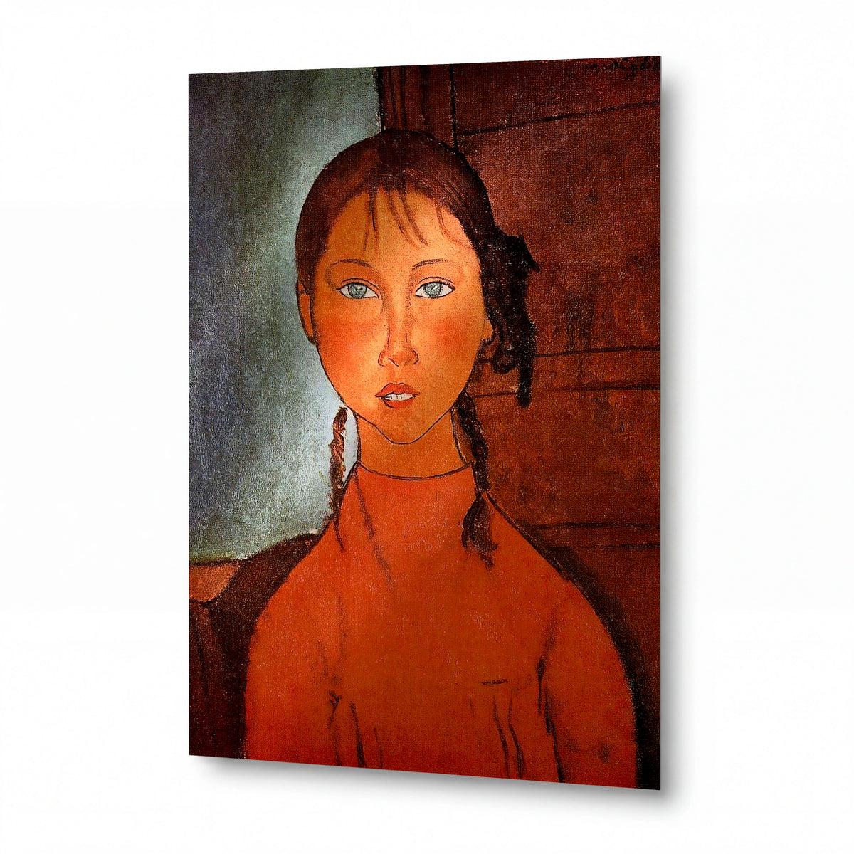 Obraz Modigliani — Dívka s copánky — umělecký kovový obraz s vysokým leskem