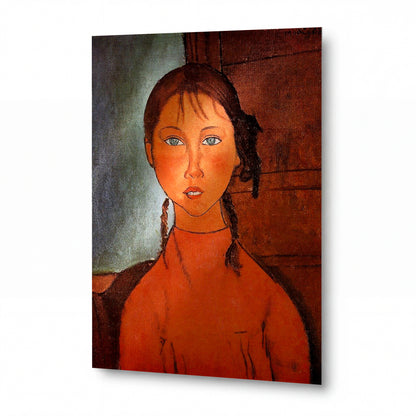 Obraz Modigliani — Dívka s copánky — umělecký kovový obraz s vysokým leskem
