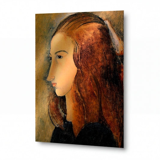 Obraz Amedeo Modigliani — Portrét Jeanne Hébuterne — reprodukce na kovovém panelu s vysokým leskem — reprodukce na kovovém panelu s vysokým leskem
