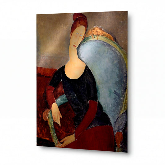 Obraz Amedeo Modigliani — Portrait of Jeanne Hébuterne Seated in an Armchair — prémiová reprodukce na kovovém panelu — prémiová reprodukce na kovovém panelu