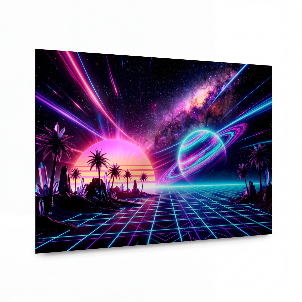 Obraz Retrowave sen s planetou a neonovou mřížkou — kovový obraz na hliníkovém panelu s vysokým leskem