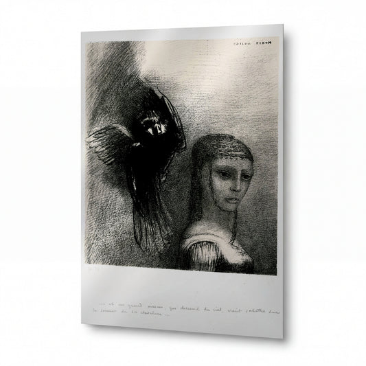 Obraz Odilon Redon — Létající obluda ohrožuje bezbranného člověka — kovový obraz na hliníkovém panelu — kovový obraz na hliníkovém panelu