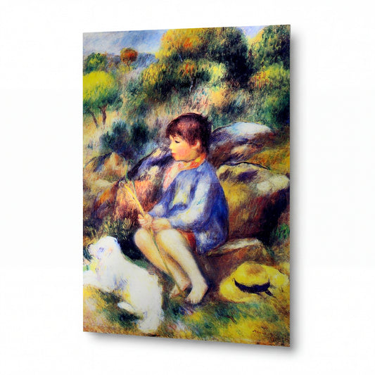 Obraz Pierre-Auguste Renoir — Young Boy by the River — prémiová reprodukce na kovovém panelu — prémiová reprodukce na kovovém panelu
