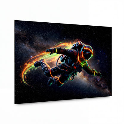 Obraz Astronaut v plamenné duhové mlhovině — kovový obraz na hliníkovém panelu s vysokým leskem
