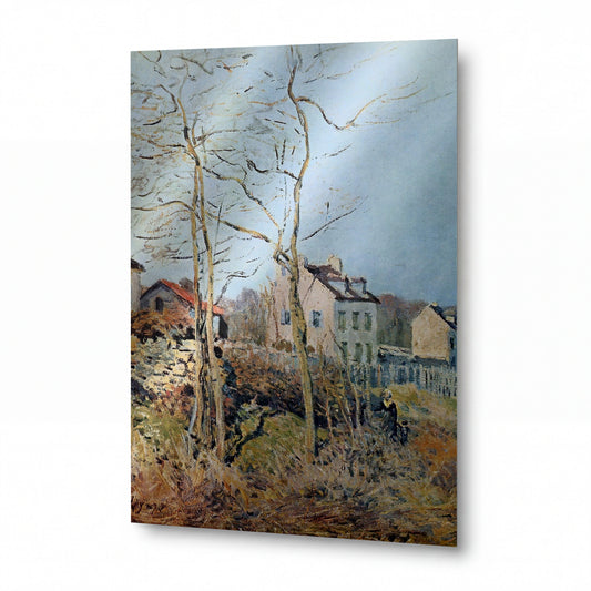 Obraz Alfred Sisley — Village at the Edge of the Forest, Sun, 1872 — kovový obraz s vysokým leskem — kovový obraz s vysokým leskem