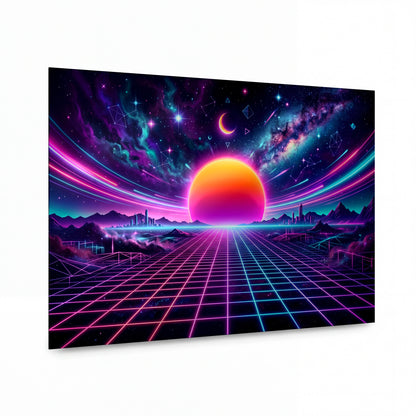 Obraz Synthwave slunce nad neonovou mřížkou — kovový obraz na hliníkovém panelu s vysokým leskem