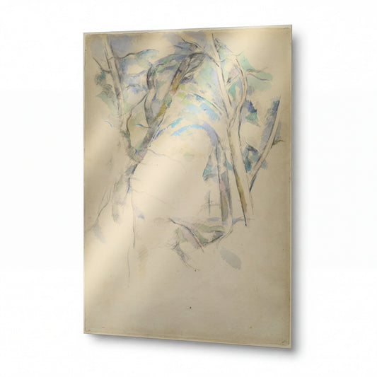 Obraz Paul Cézanne — Stromy sklánějící se nad skalami — kovová reprodukce s vysokým leskem — kovová reprodukce s vysokým leskem