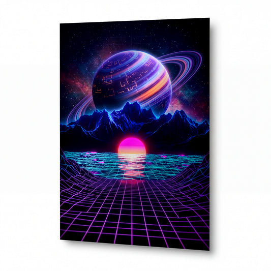Obraz Synthwave nad planetou s prstenci — kovový obraz na hliníkovém panelu s vysokým leskem