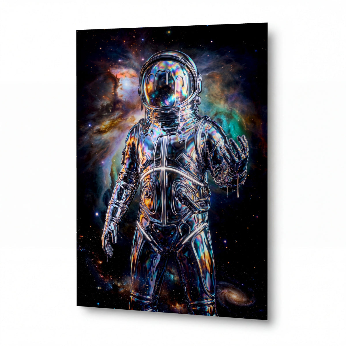 Obraz Zrcadlový astronaut pohlcený mlhovinou — kovový obraz na hliníkovém panelu s vysokým leskem