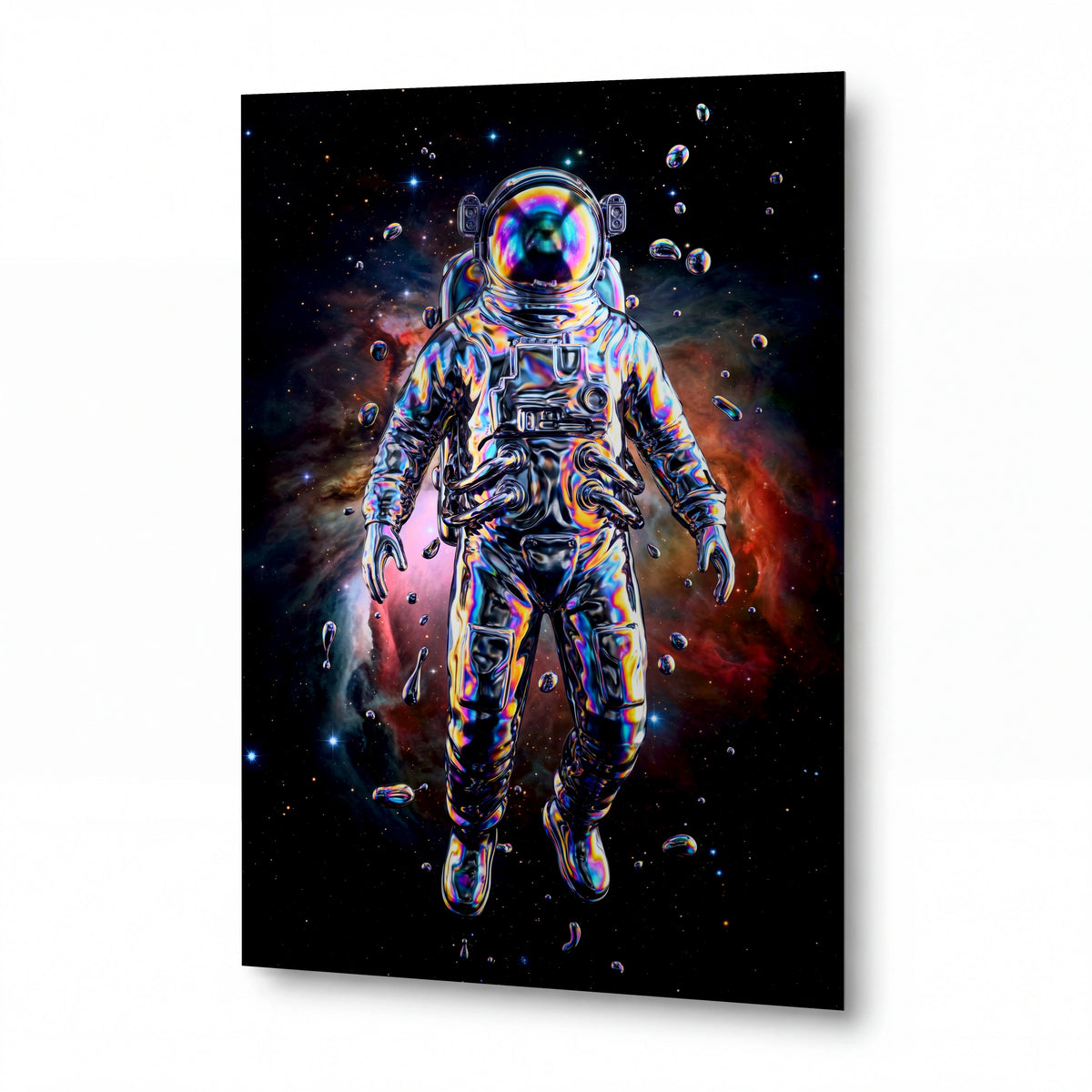 Obraz Astronaut v duhových odlescích mlhoviny — kovový obraz na hliníkovém panelu s vysokým leskem