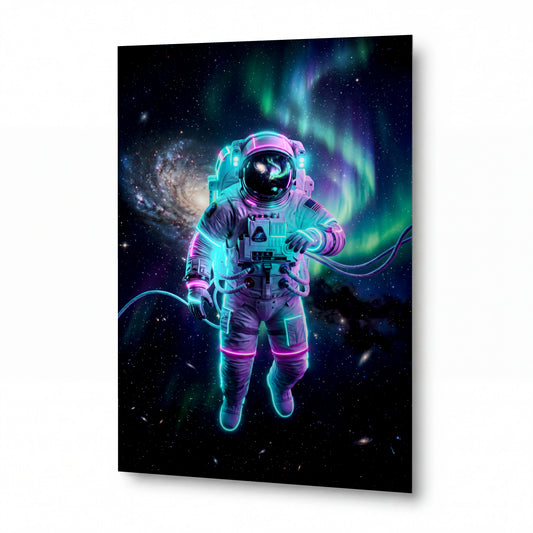 Obraz Astronaut v neonové záři polární oblohy — kovový obraz na hliníkovém panelu s vysokým leskem