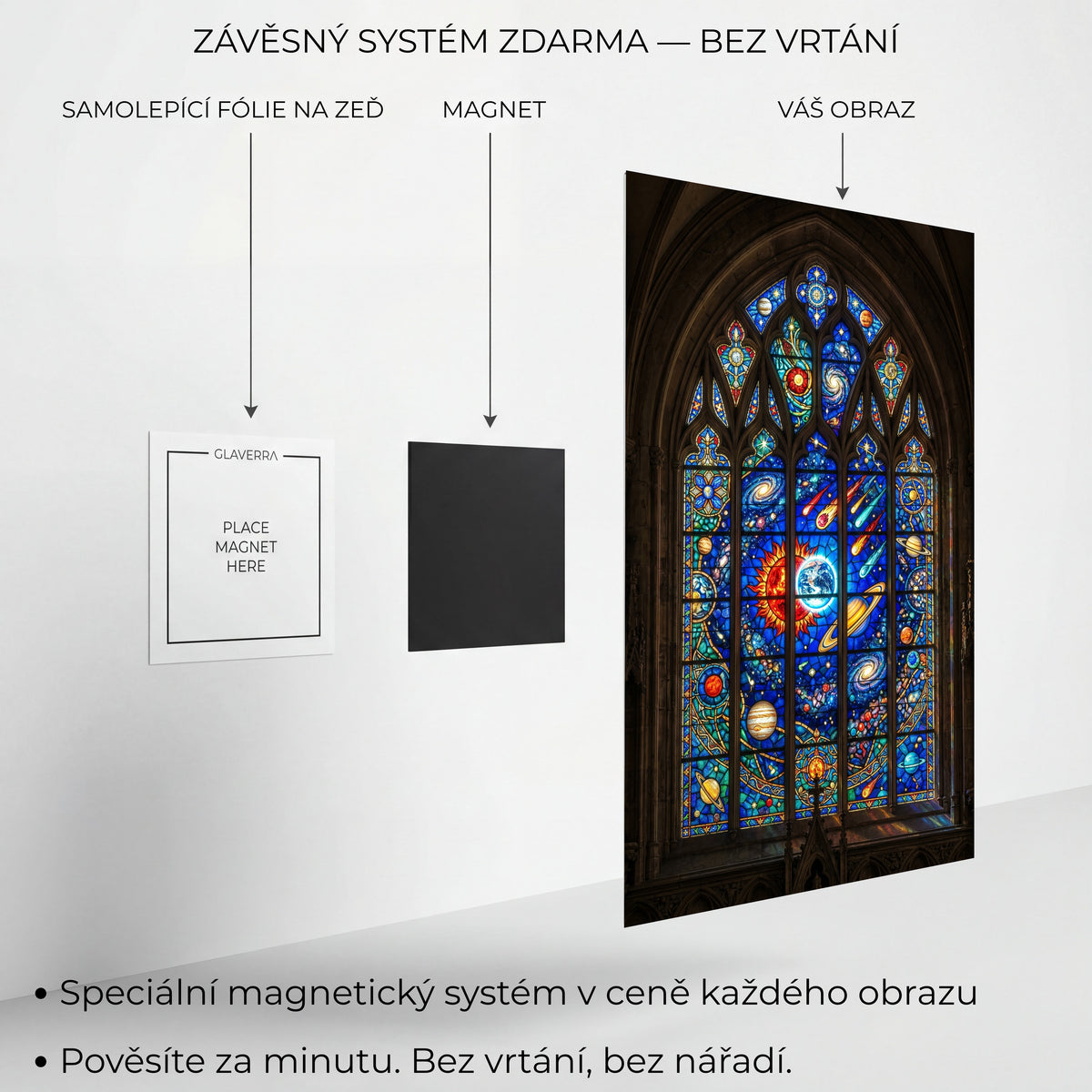 Magnetický systém uchycení kovového obrazu bez vrtání