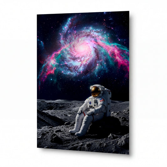 Obraz Astronaut pod rozkvétající galaxií — kovový obraz na hliníkovém panelu s vysokým leskem