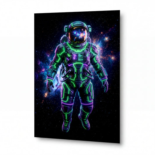 Obraz Astronaut s neonovou září v galaxii — kovový obraz na hliníkovém panelu s vysokým leskem
