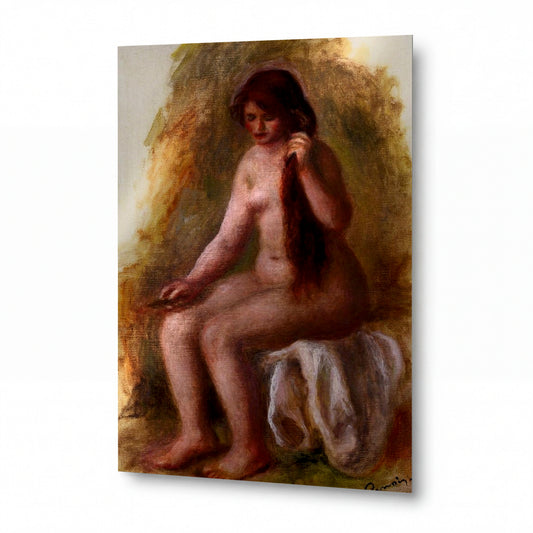 Obraz Pierre-Auguste Renoir — Sedící akt česající si vlasy — umělecký kovový obraz s vysokým leskem