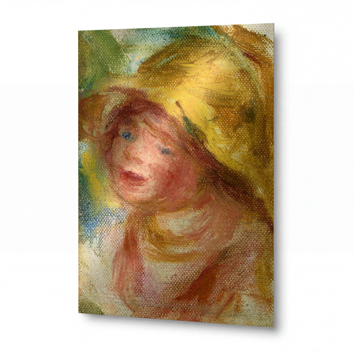 Obraz Pierre-Auguste Renoir — Young Woman in Yellow Hat — reprodukce na lesklém hliníkovém panelu