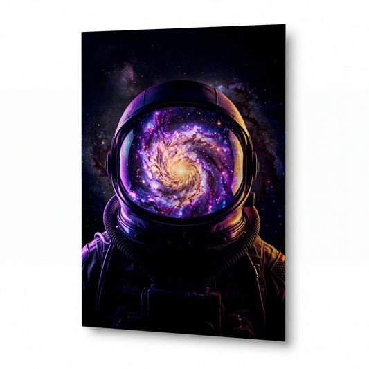 Obraz Astronaut s odrazem spirální galaxie — kovový obraz na hliníkovém panelu s vysokým leskem