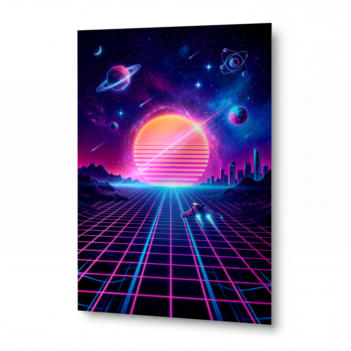 Obraz Retrowave slunce nad neonovou mřížkou — kovový obraz na hliníkovém panelu s vysokým leskem
