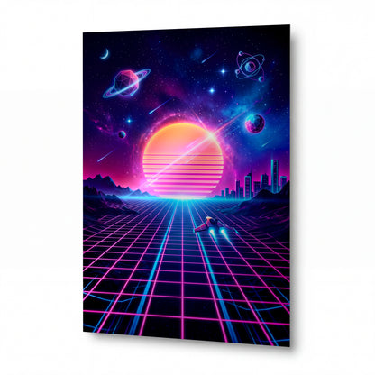 Obraz Retrowave slunce nad neonovou mřížkou — kovový obraz na hliníkovém panelu s vysokým leskem