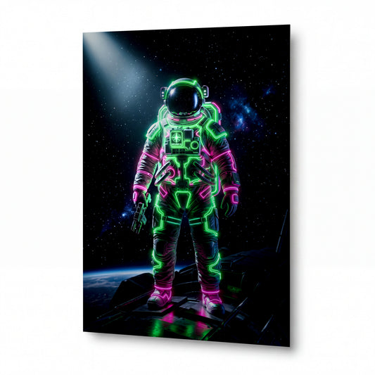 Obraz Astronaut v neonové zářivosti nad zemským horizontem — kovový obraz na hliníkovém panelu s vysokým leskem